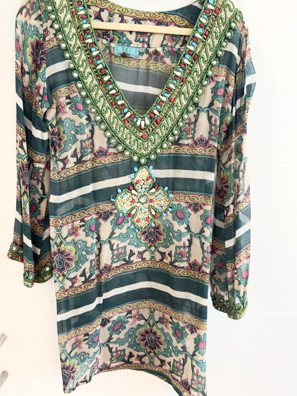 TAJ- Original Silk Designer Red, Green, Blue, gorgeous silk appliqué beading S